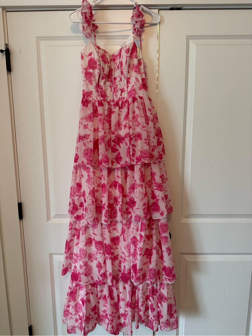 Girls Pink Floral Tiered Ruffle Dress